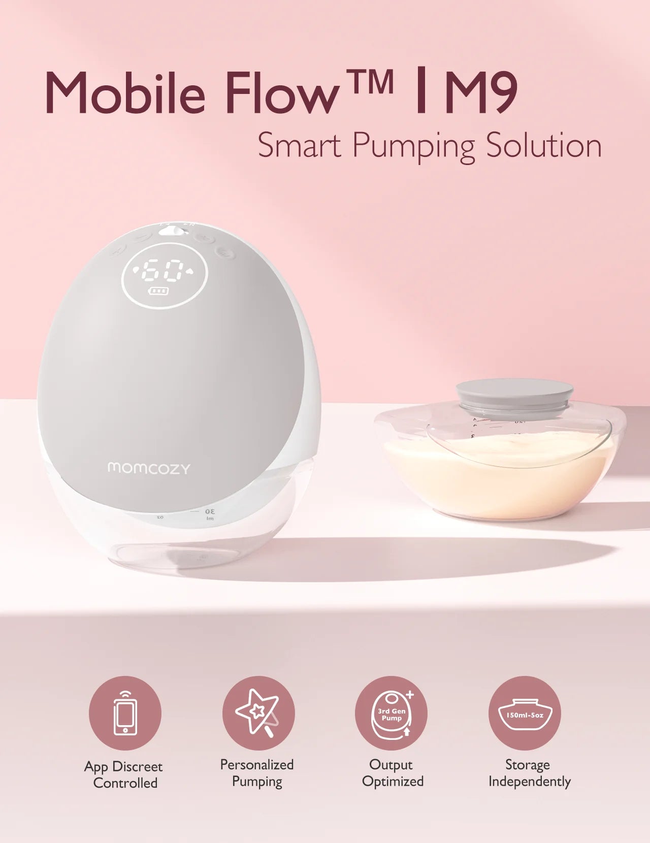 Mobile Flow Hands-Free Breast Pump M9 with App Control, 24mm, Gray, Single Pack