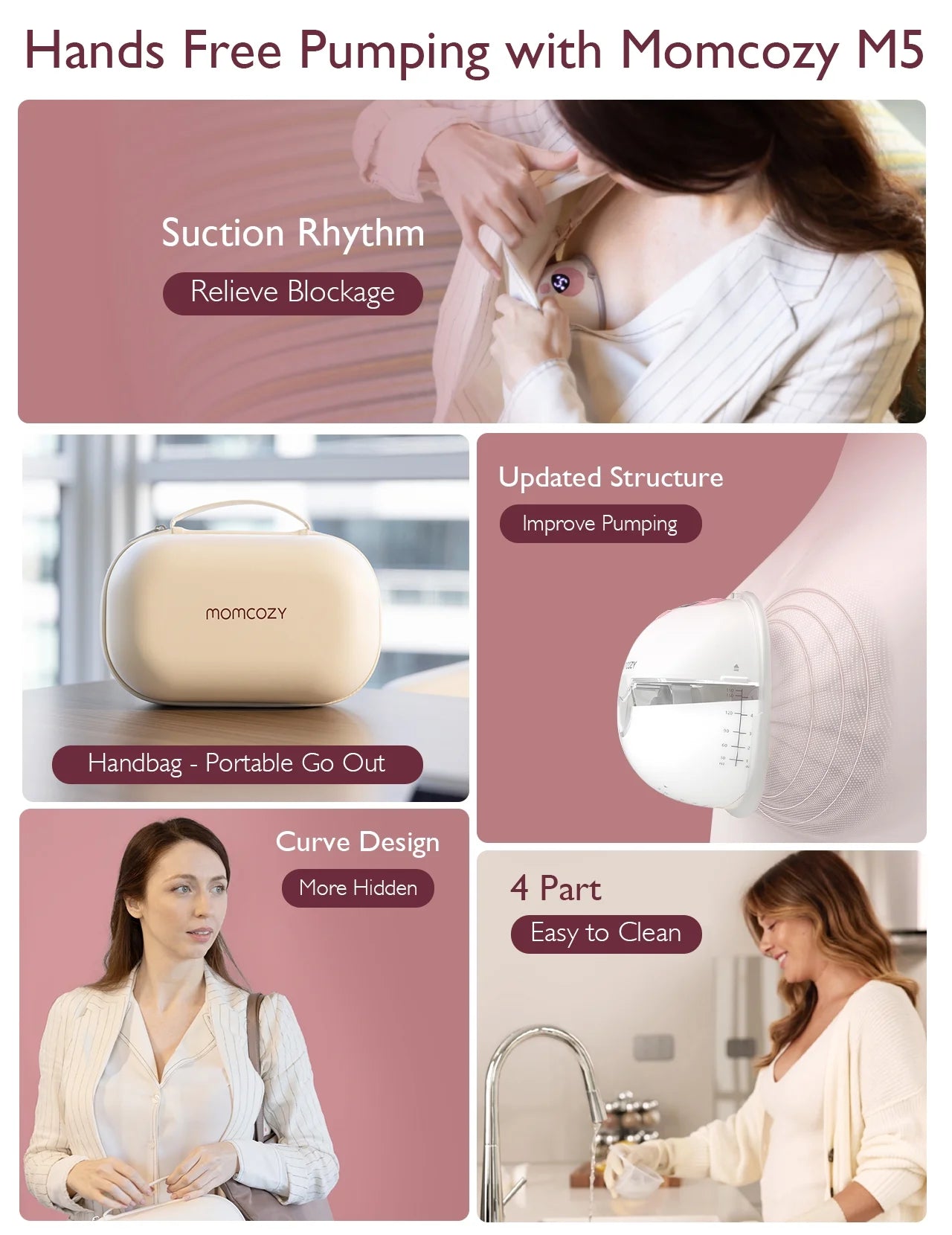 M5 Hands-Free Electric Breast Pump - 24mm Pink, Set of 2